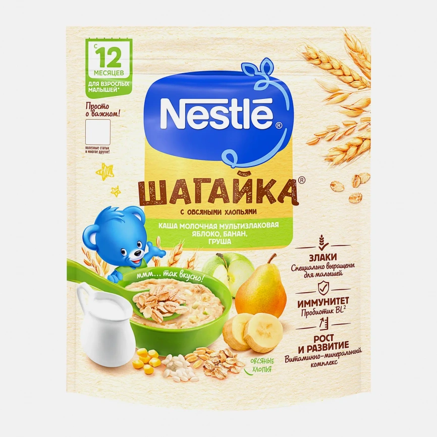 Каша Nestle Шагайка Молочная 4 злаков яблоко банан груша с 12 месяцев 190г фото 1
